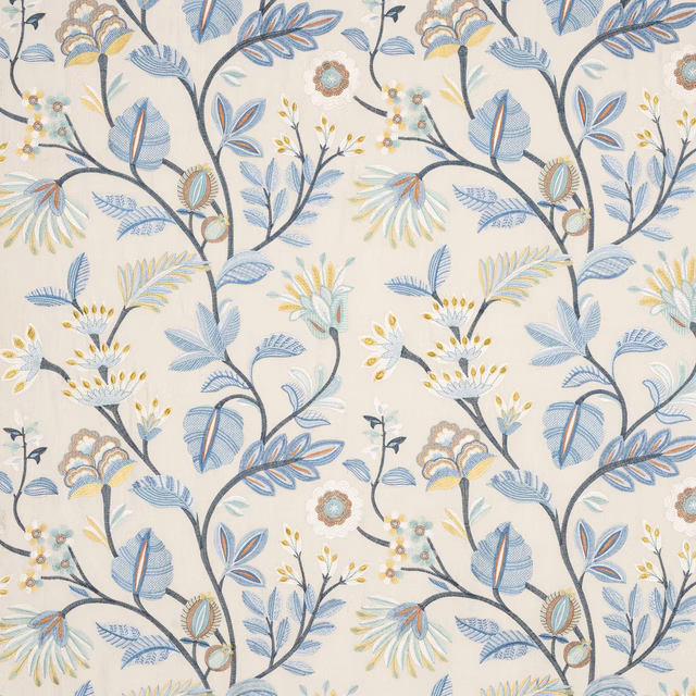 Botanical fabric swatch with powder blue leaves, cream ground and yellow accents