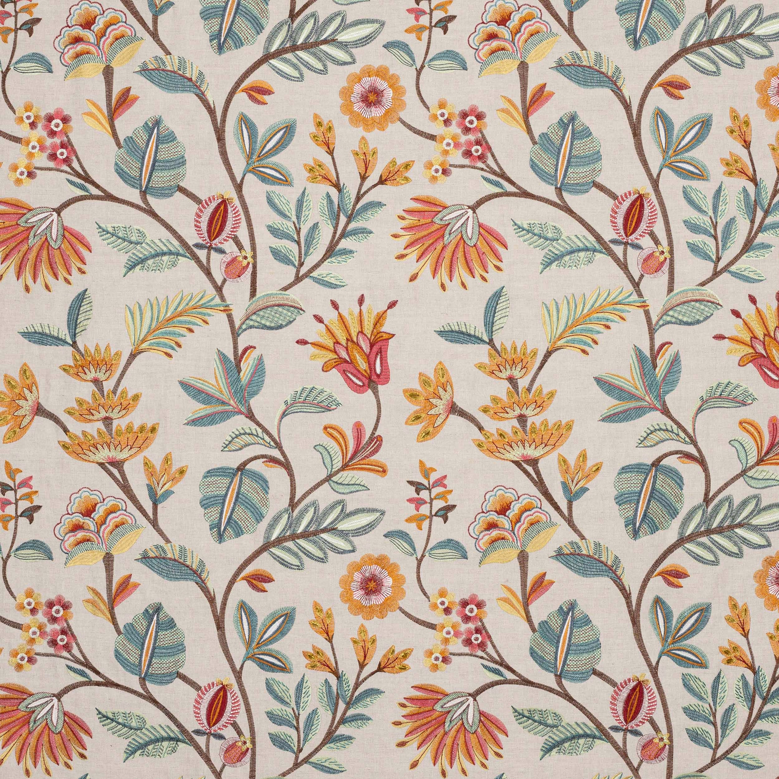 Multicoloured trailing botanical fabric on a cream ground with teal, gold and coral flowers
