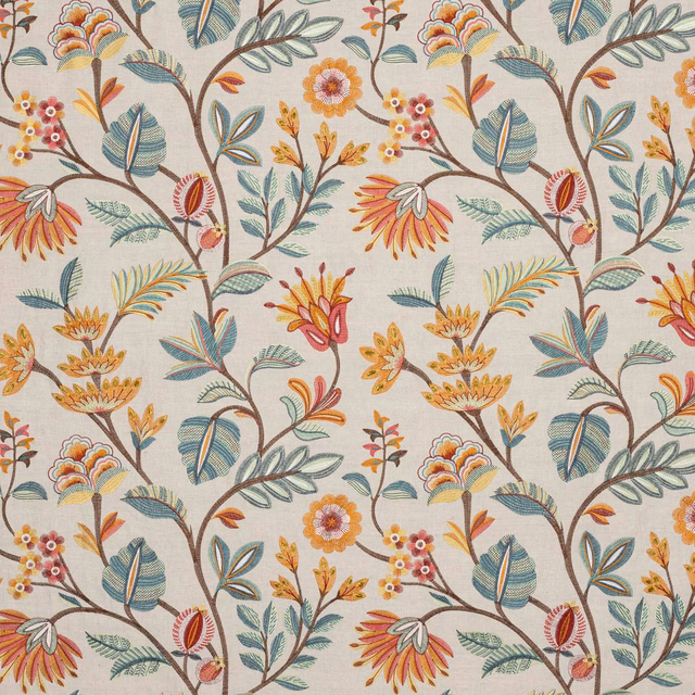 Multicoloured trailing botanical fabric on a cream ground with teal, gold and coral flowers