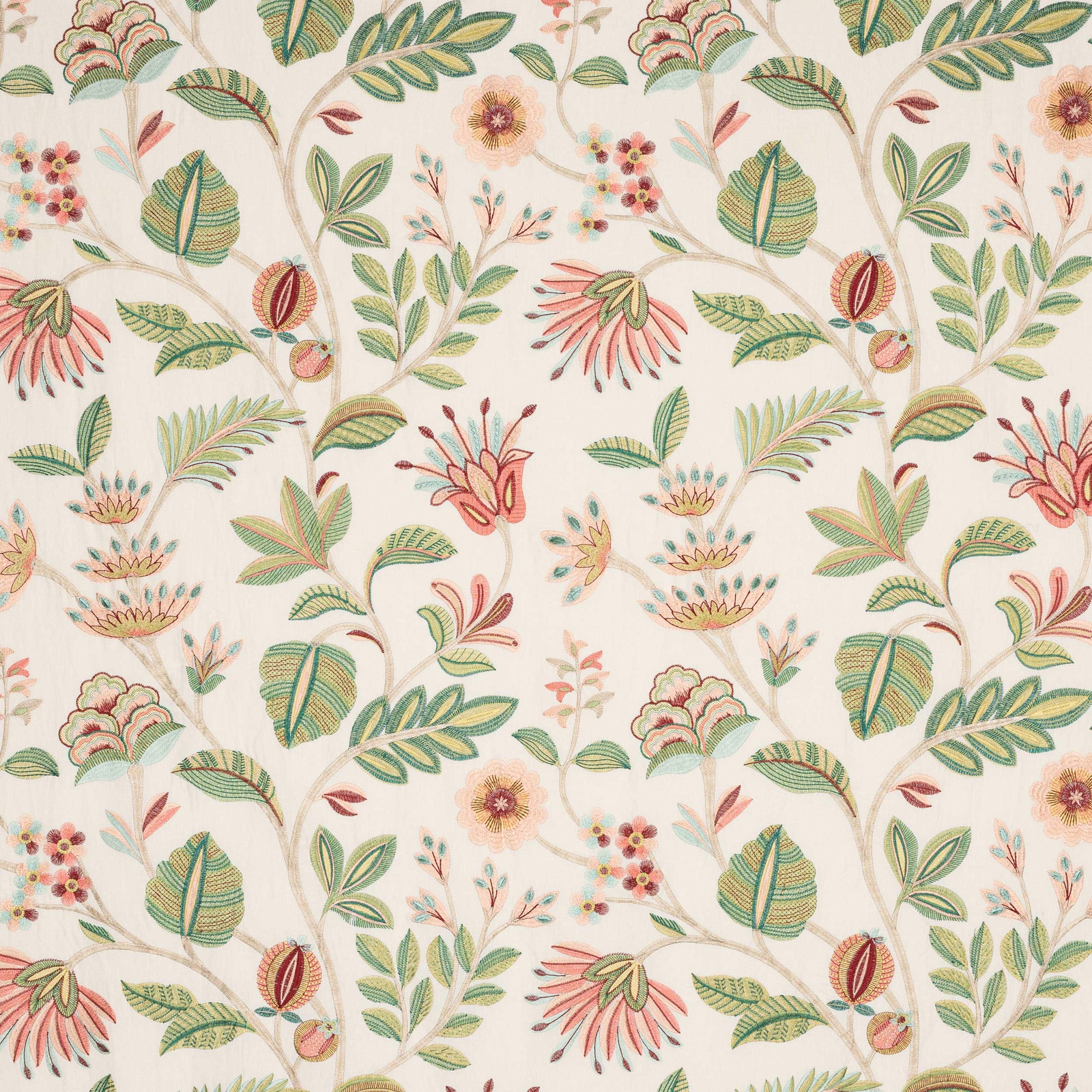 Ivory botanical fabric with pink flowers, green leaves and scrolling stems