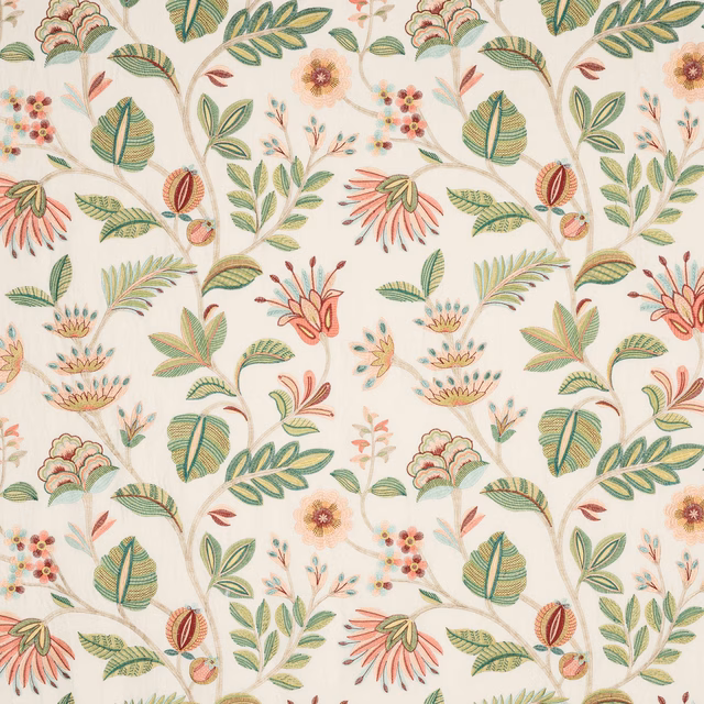 Ivory botanical fabric with pink flowers, green leaves and scrolling stems