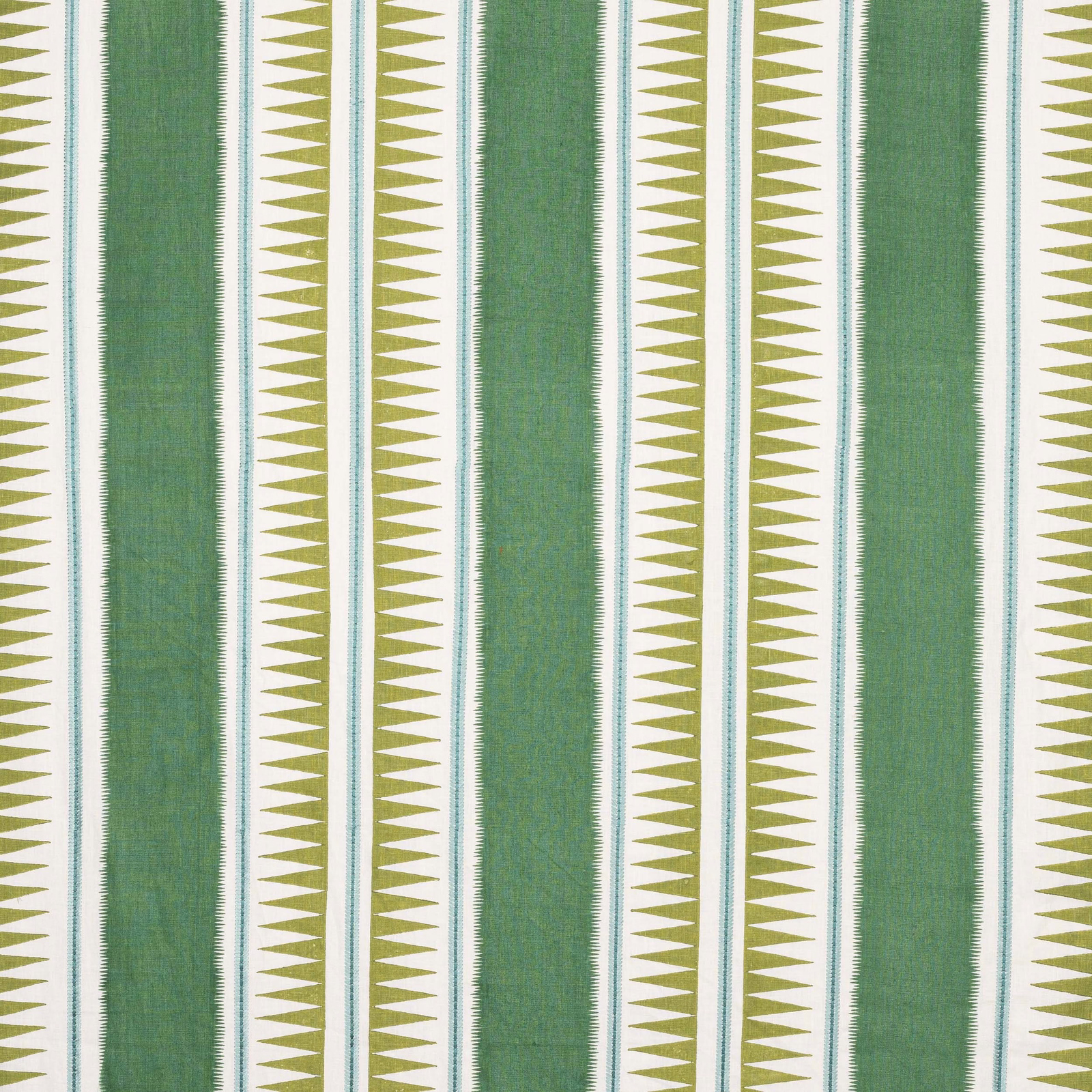 Vertical green stripe fabric with pale zigzag accents on a cream ground