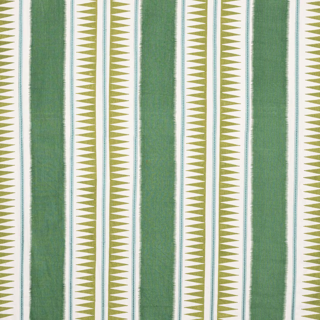 Vertical green stripe fabric with pale zigzag accents on a cream ground