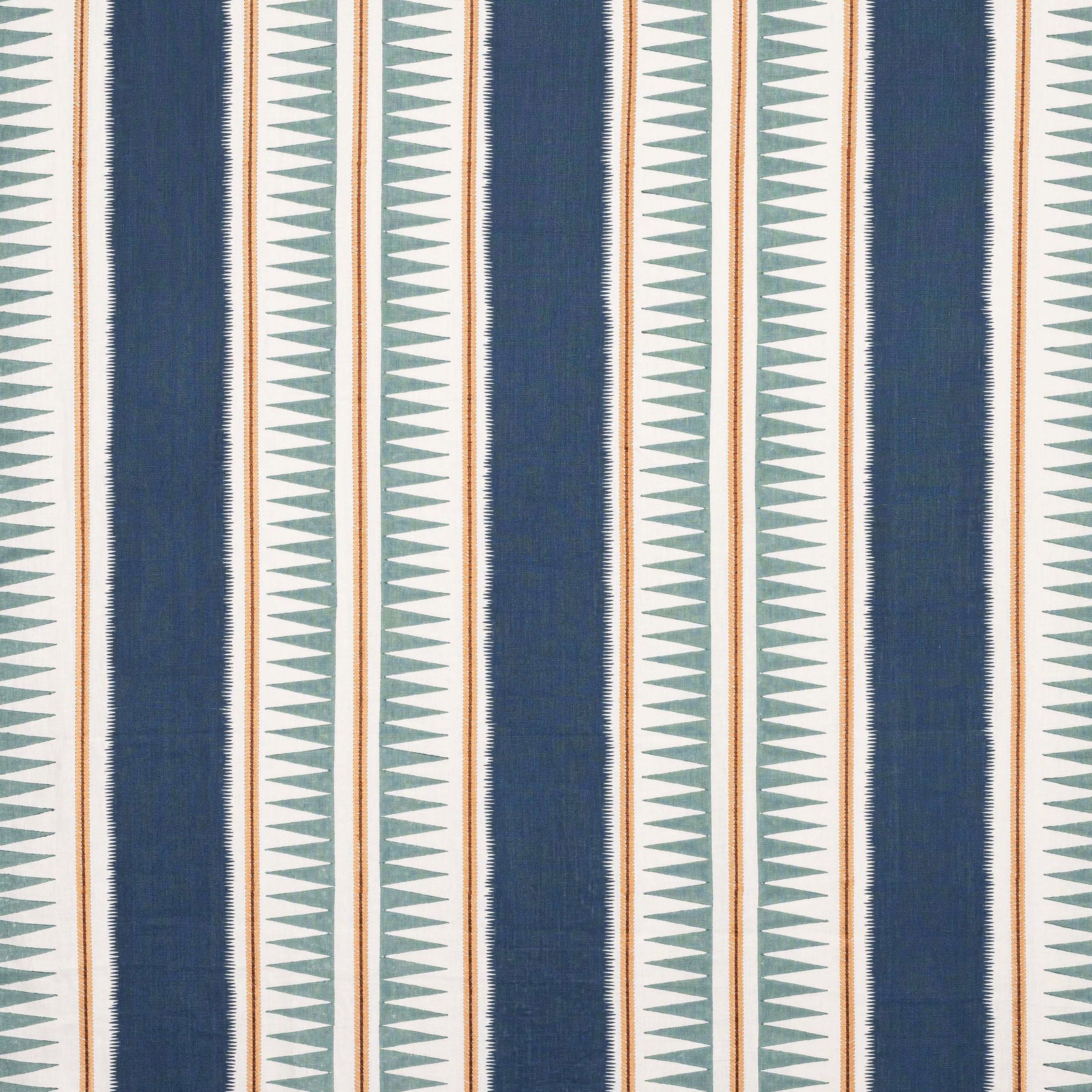 Striped indigo and teal woven fabric swatch with pale zigzag bands