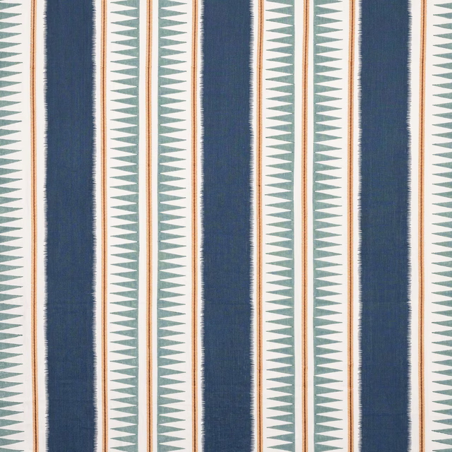 Striped indigo and teal woven fabric swatch with pale zigzag bands