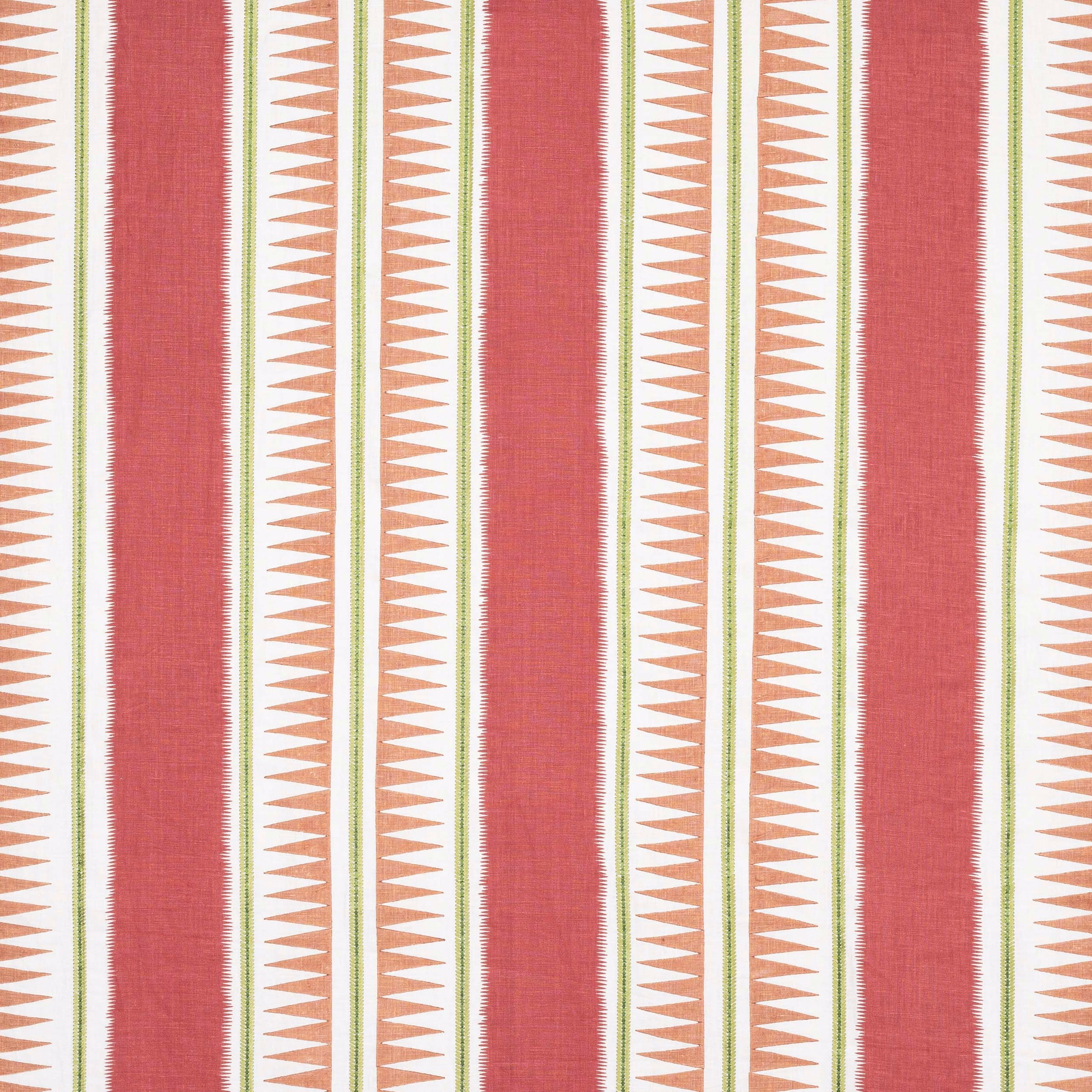 Vertical coral-red striped fabric with pale zigzag bands and fine green edging