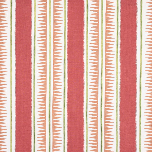 Vertical coral-red striped fabric with pale zigzag bands and fine green edging