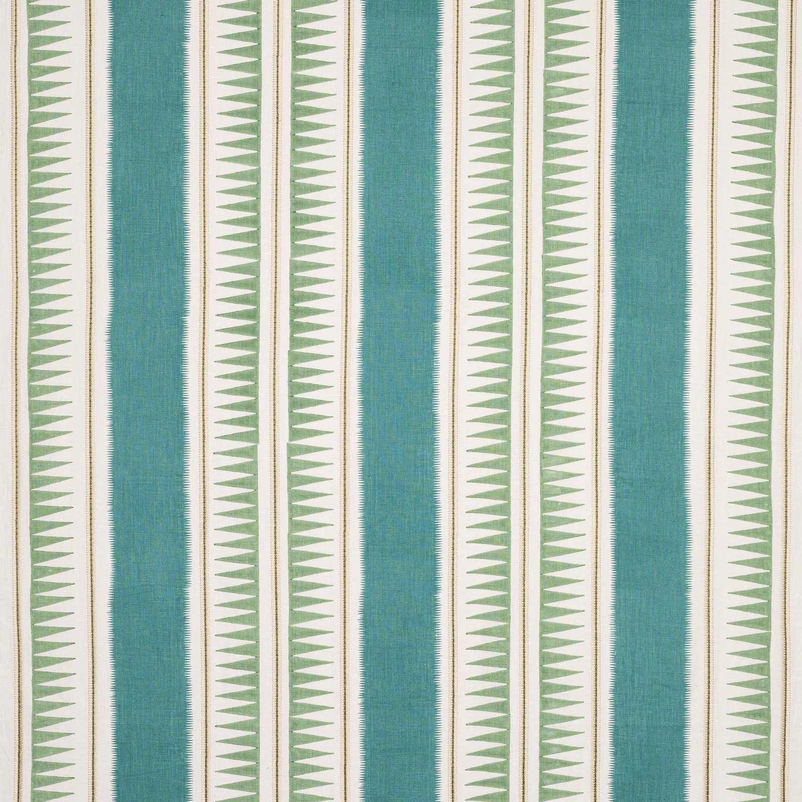 Teal and aqua vertical striped fabric with cream zigzag bands