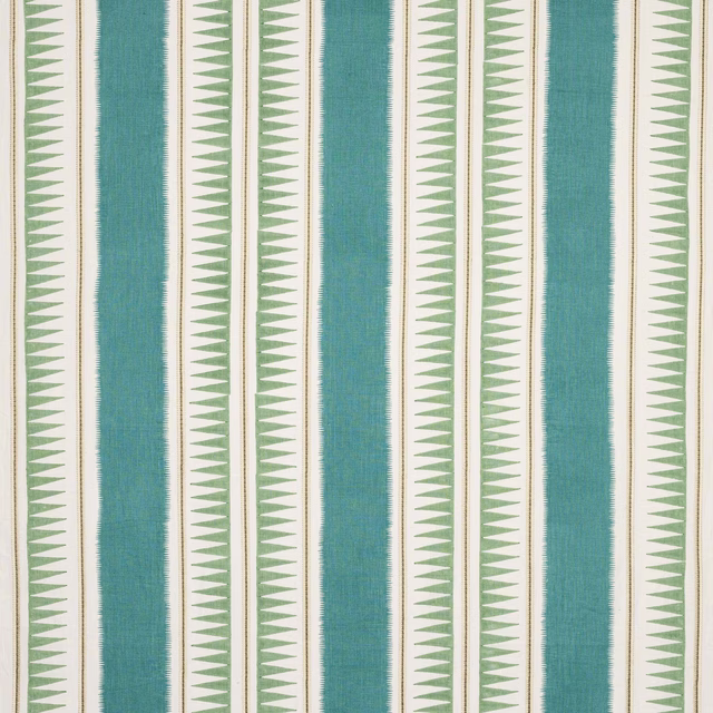 Teal and aqua vertical striped fabric with cream zigzag bands