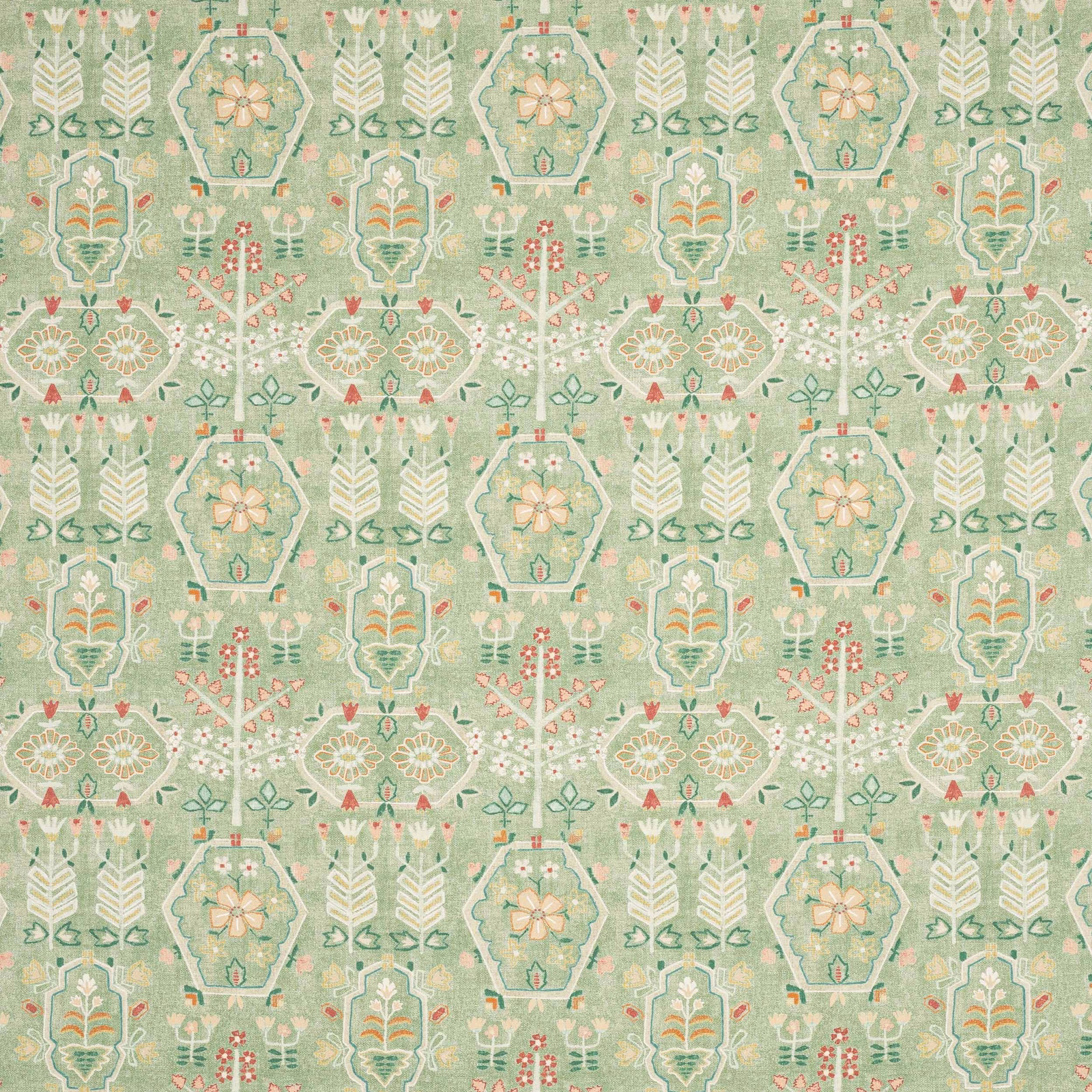 Sage green patterned fabric with ivory geometric motifs and small coral accents