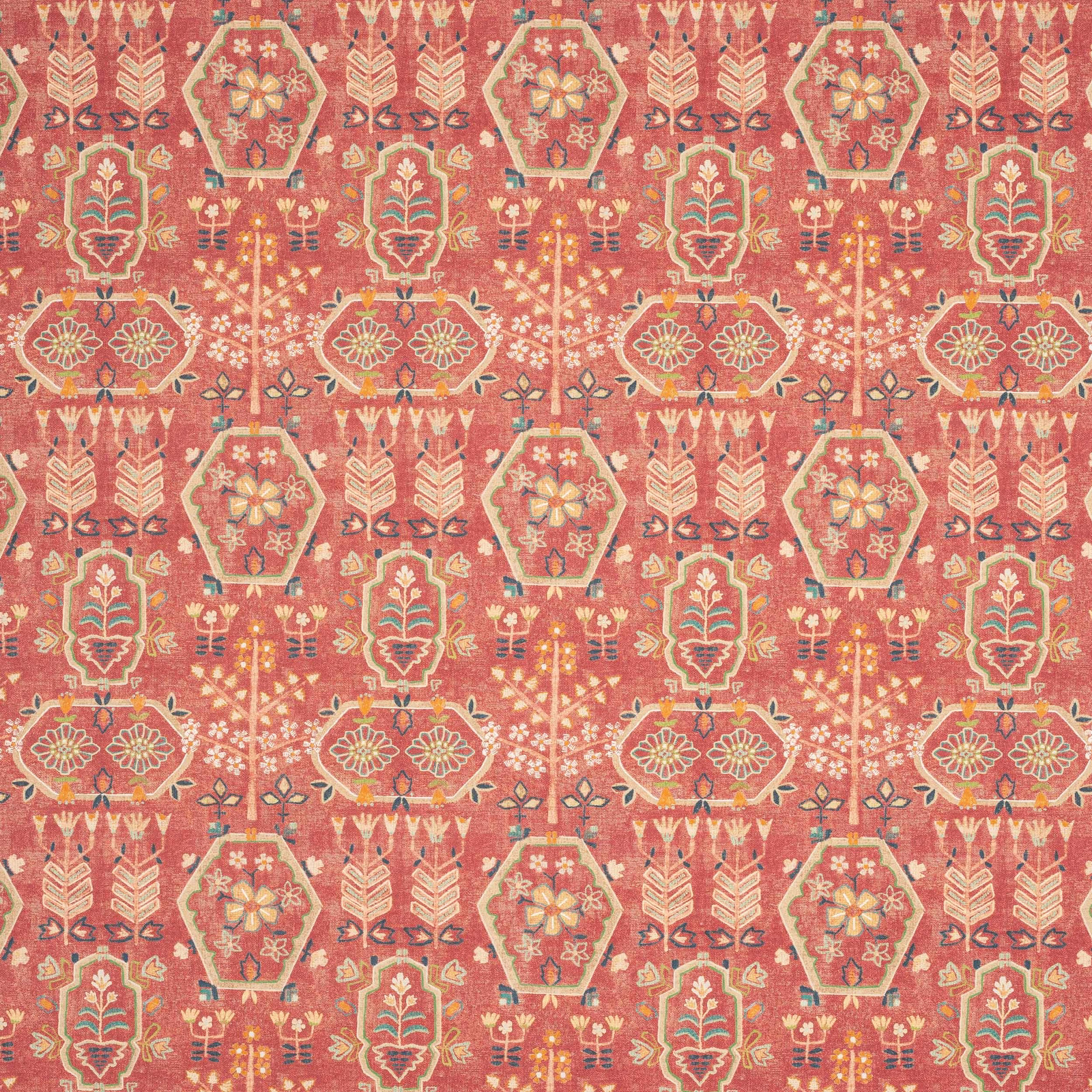 Coral-red patterned fabric with cream and gold geometric medallions and folk motifs