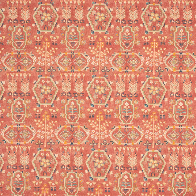Coral-red patterned fabric with cream and gold geometric medallions and folk motifs