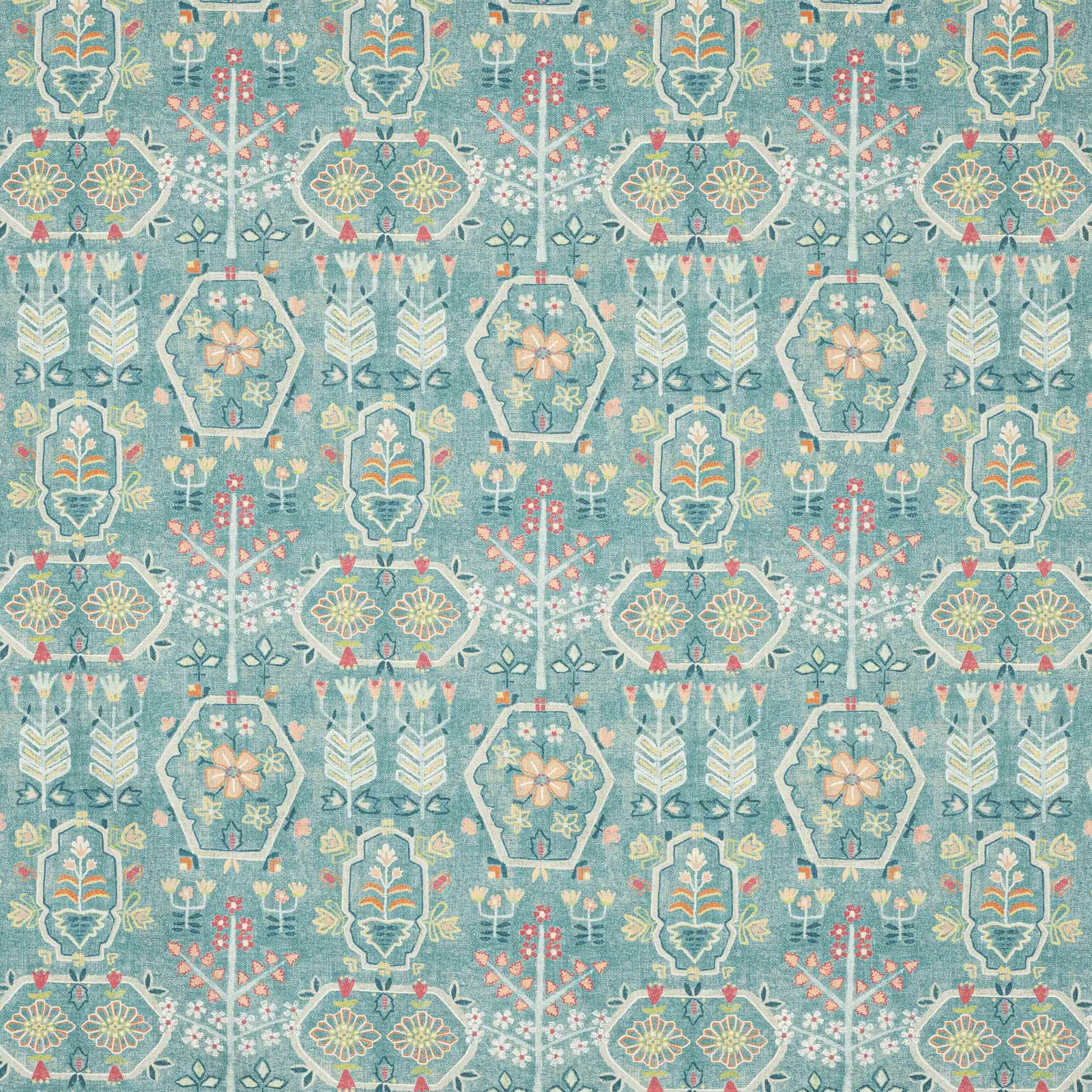 Slate-teal patterned fabric with small floral motifs and scalloped medallions