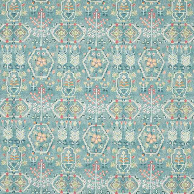 Slate-teal patterned fabric with small floral motifs and scalloped medallions