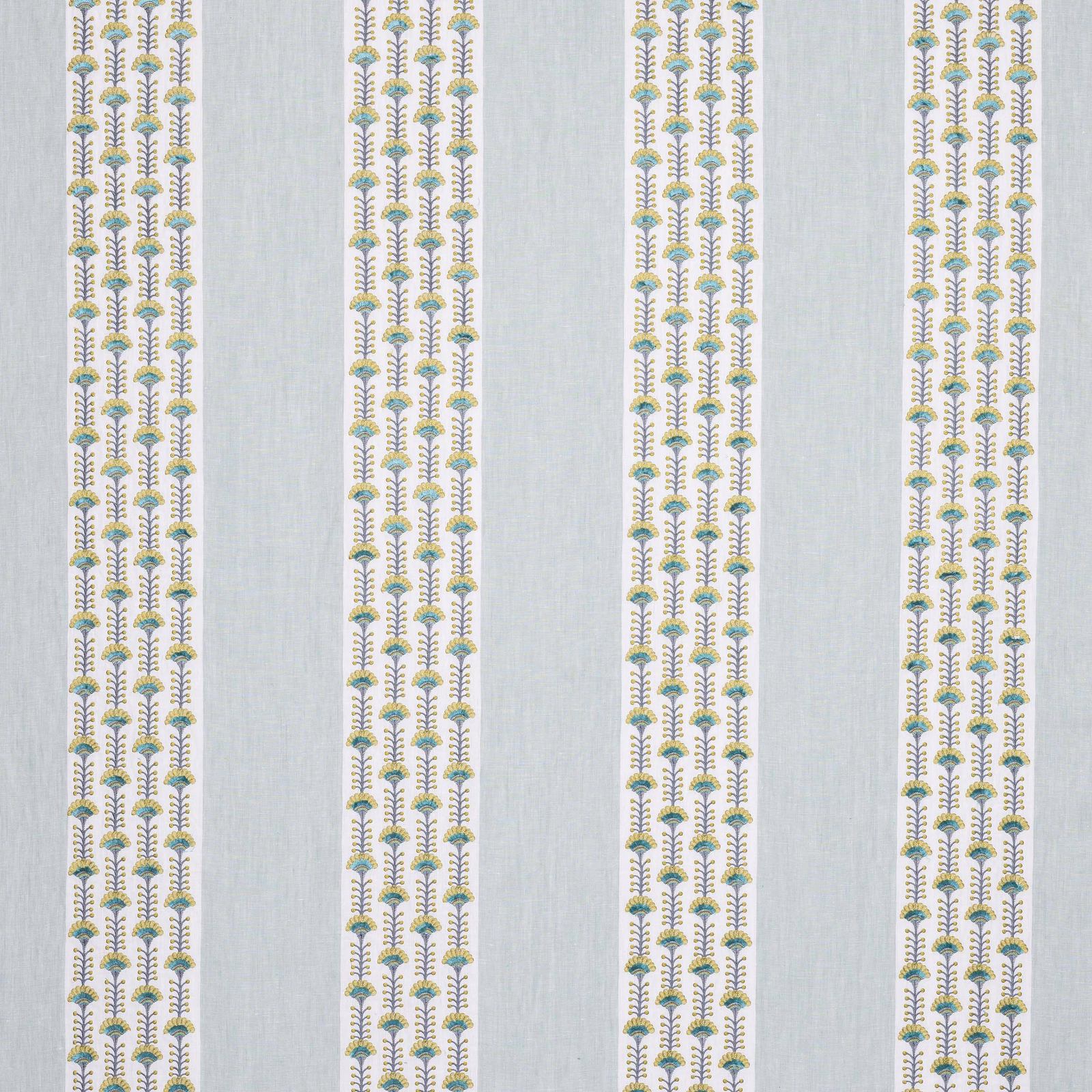 Pale aqua striped fabric with narrow floral columns and soft woven texture
