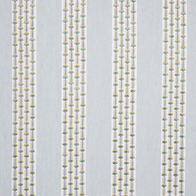 Pale aqua striped fabric with narrow floral columns and soft woven texture