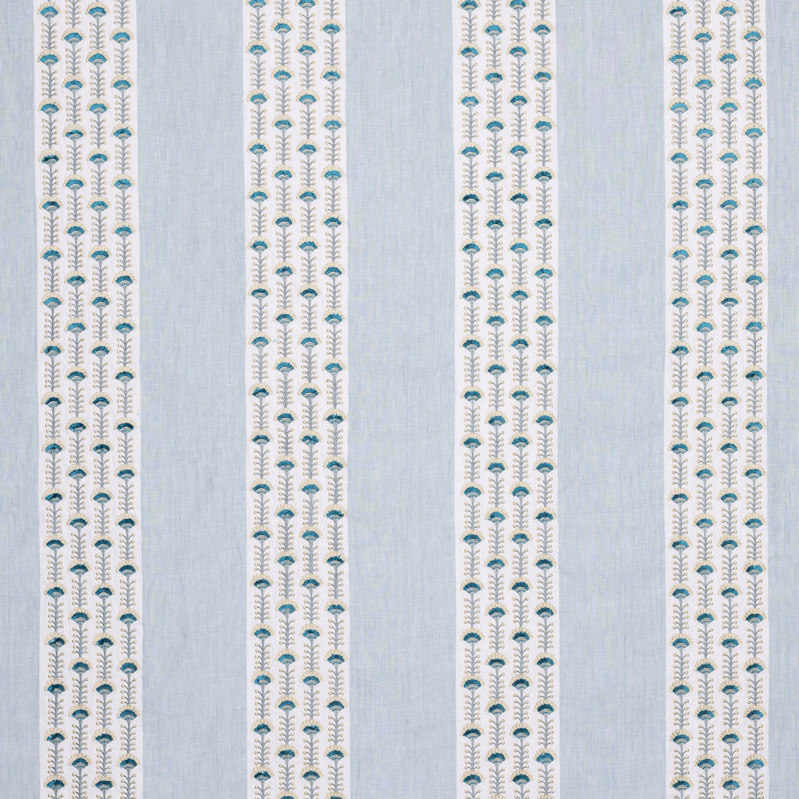 Pale blue striped fabric with tiny teal floral motifs on a linen-look ground