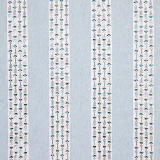 Pale blue striped fabric with tiny teal floral motifs on a linen-look ground