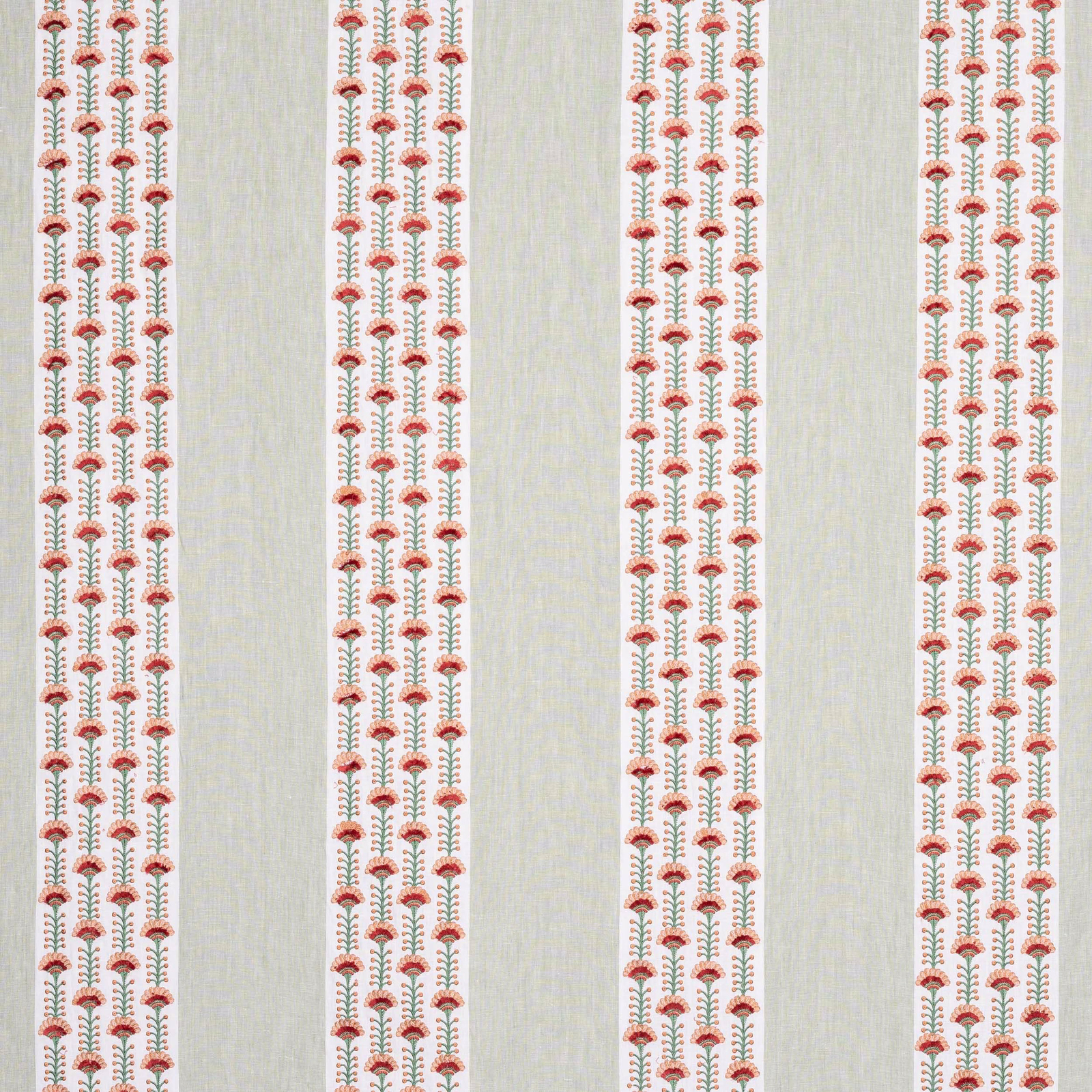 Pale striped fabric with small pink floral motifs and green stems