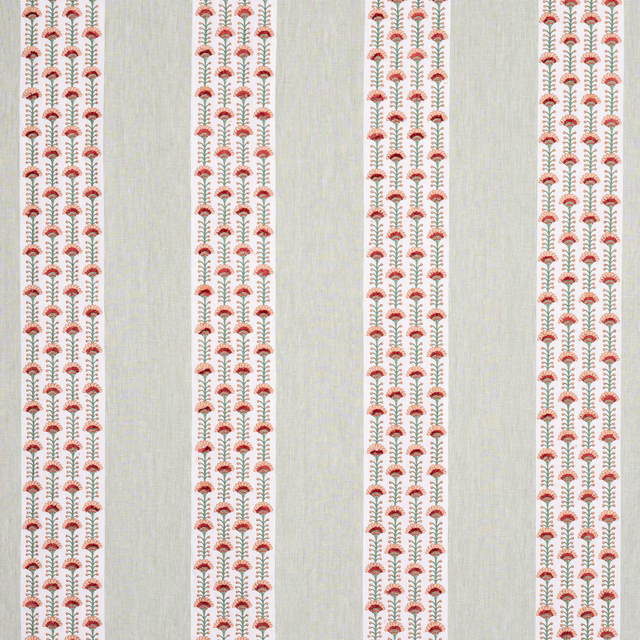 Pale striped fabric with small pink floral motifs and green stems