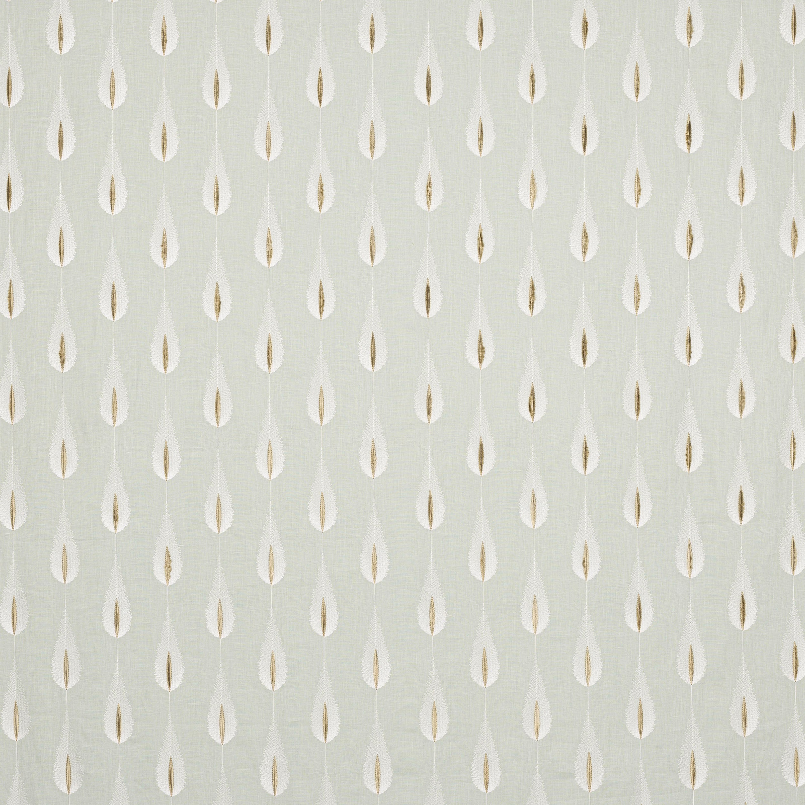Pale aqua woven fabric with small ivory leaf motifs in a neat repeat