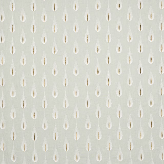 Pale aqua woven fabric with small ivory leaf motifs in a neat repeat