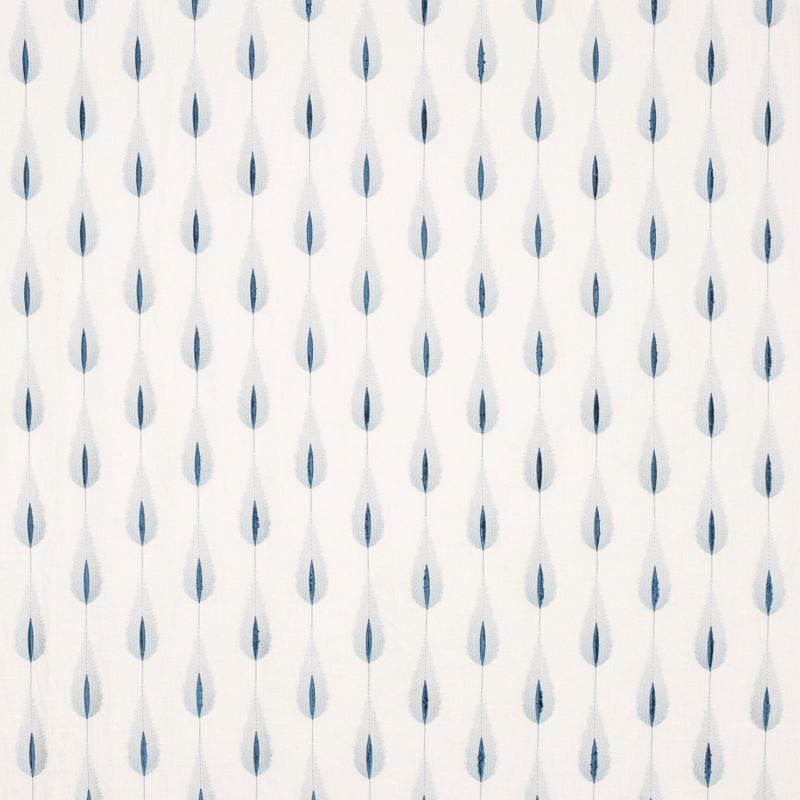 Ivory fabric swatch with neat rows of slim pale blue leaf motifs