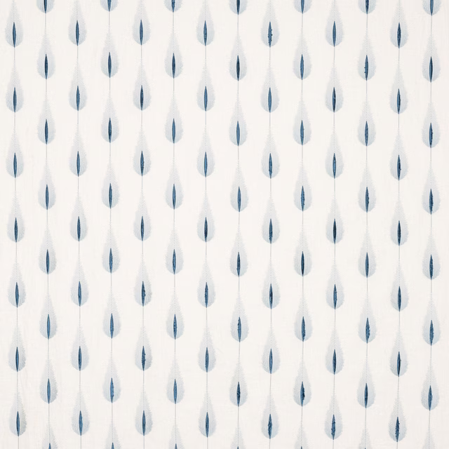 Ivory fabric swatch with neat rows of slim pale blue leaf motifs