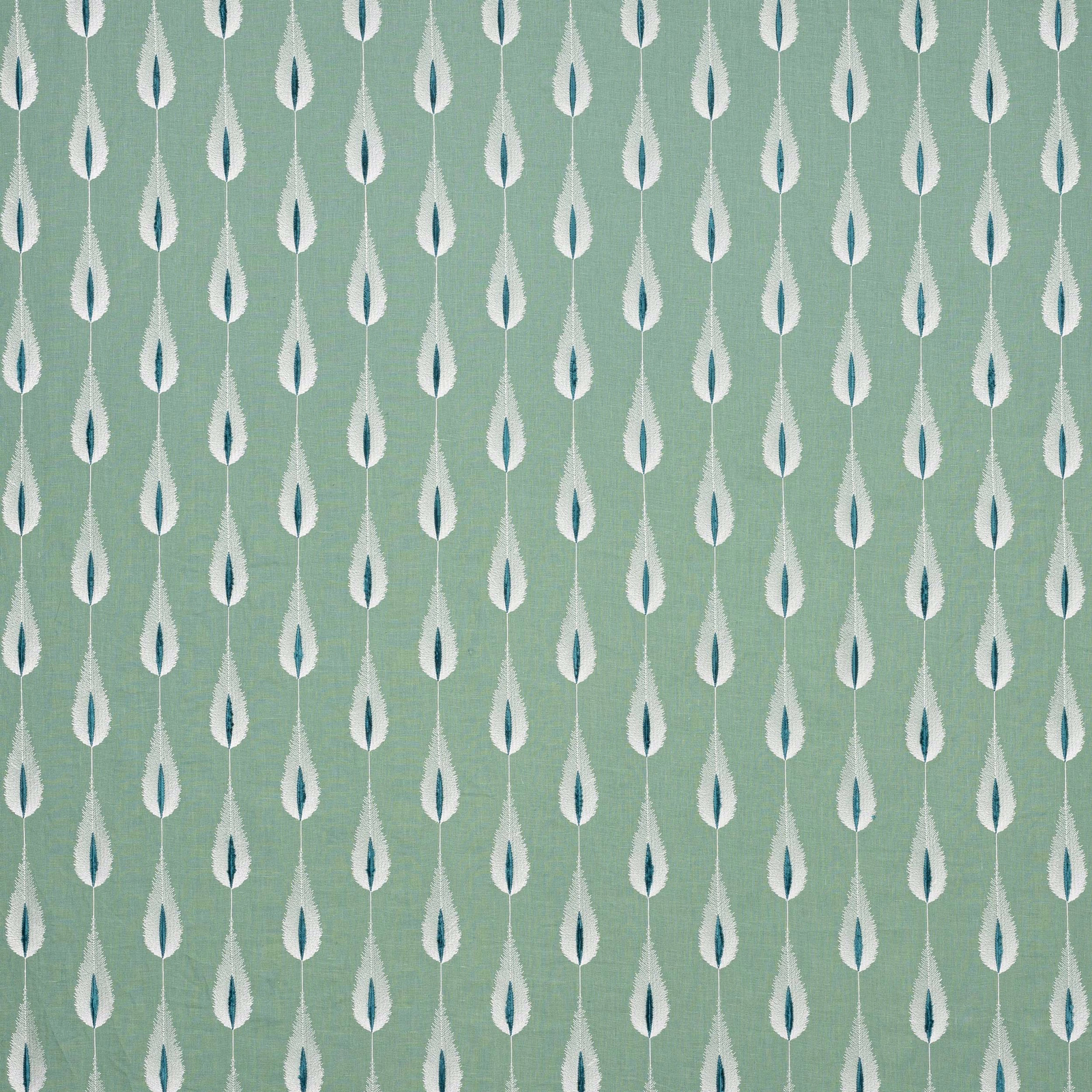 Soft mint teal fabric with small cream leaf motifs and dark teal centres