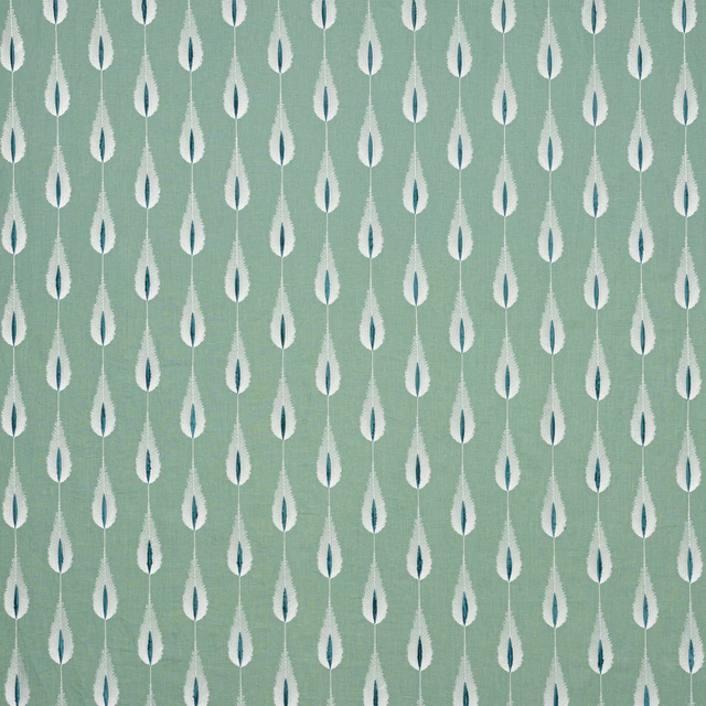 Soft mint teal fabric with small cream leaf motifs and dark teal centres