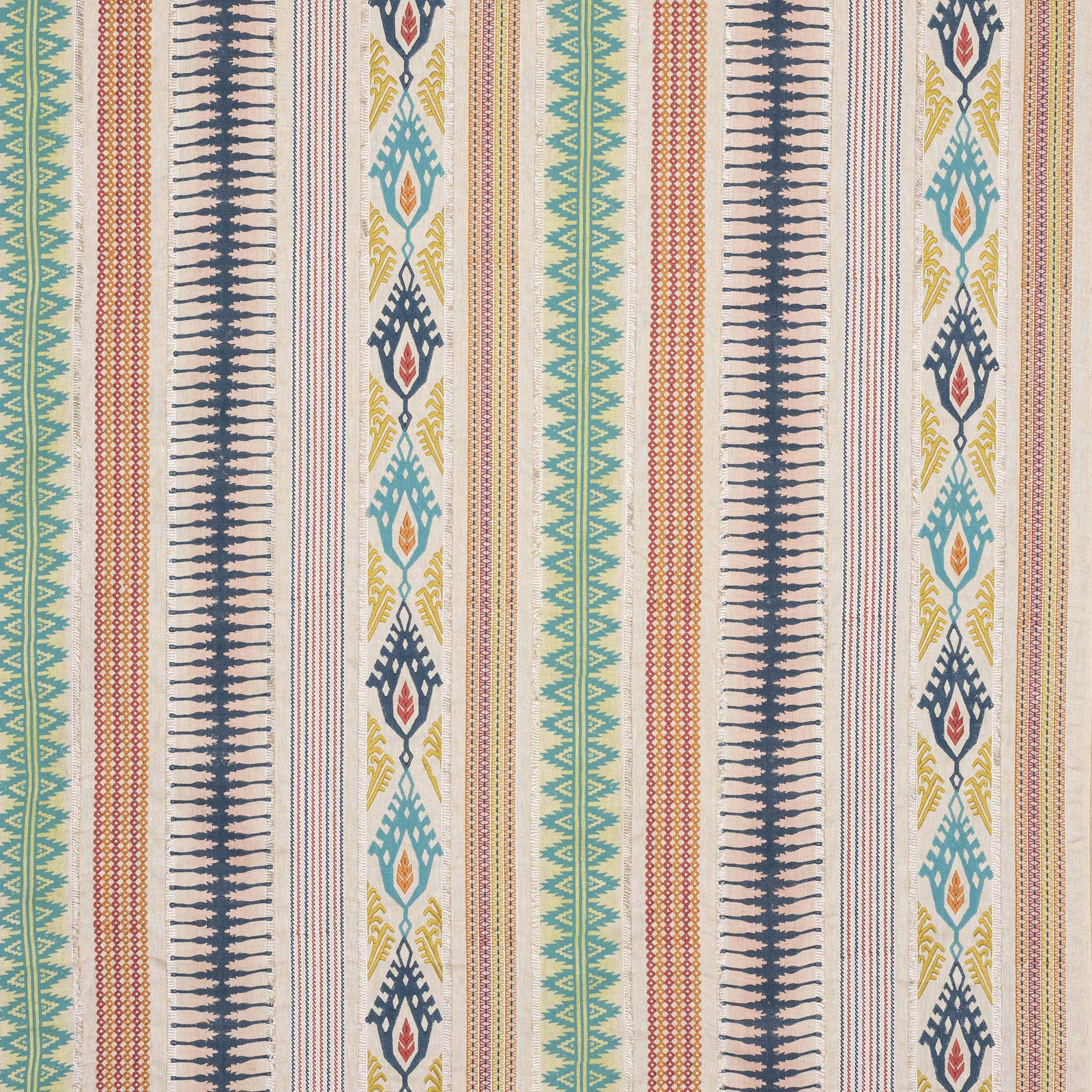 Striped woven fabric in blue, aqua, red and yellow on a pale ground