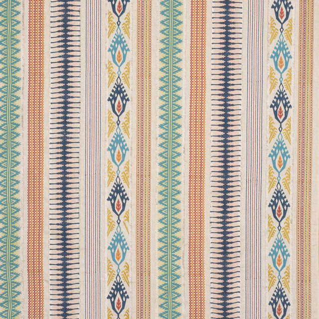 Striped woven fabric in blue, aqua, red and yellow on a pale ground