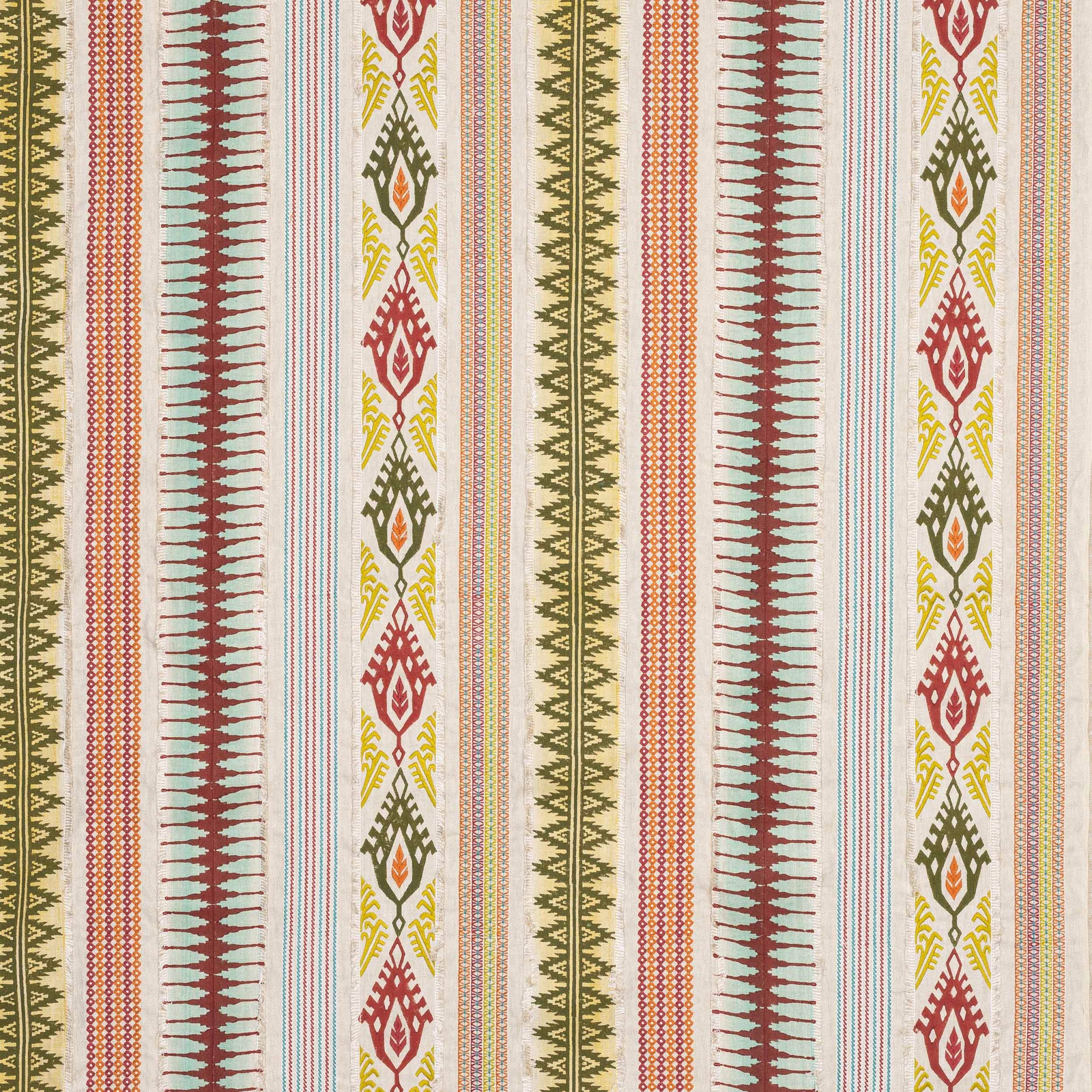 Vertical multicolour stripe fabric with rust red, olive, yellow and turquoise motifs on a pale ground