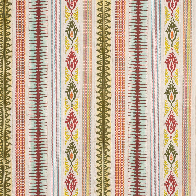 Vertical multicolour stripe fabric with rust red, olive, yellow and turquoise motifs on a pale ground