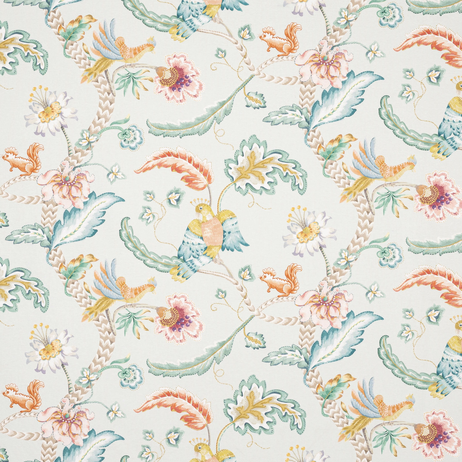 Printed fabric with aqua, coral and yellow botanical birds and flowers on a cream ground