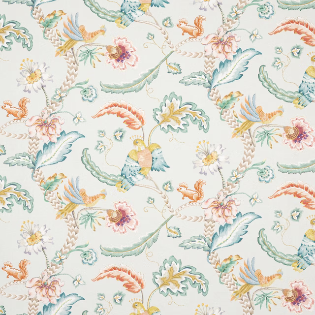 Printed fabric with aqua, coral and yellow botanical birds and flowers on a cream ground