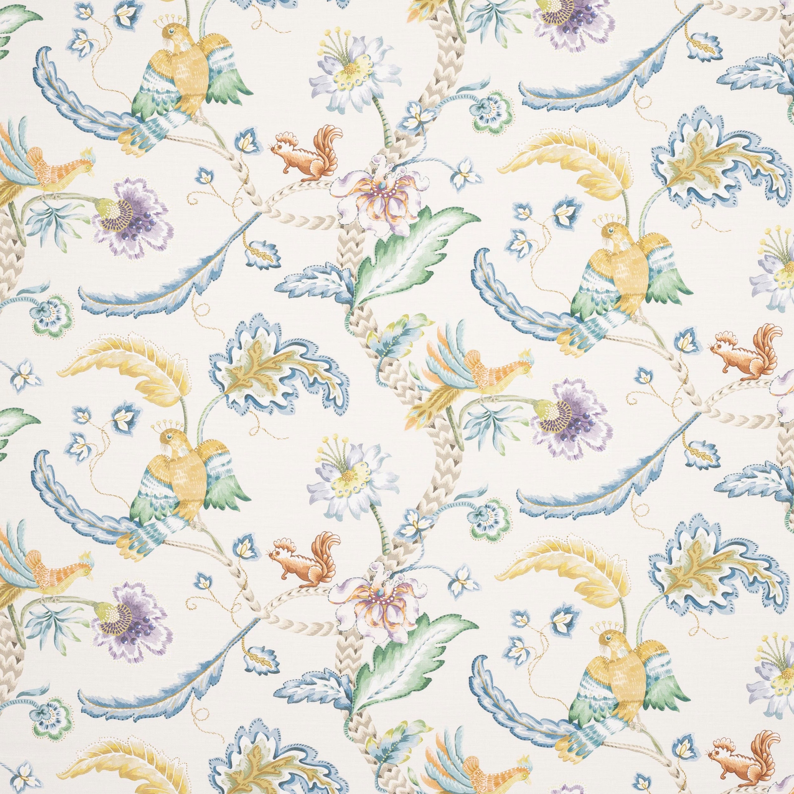 Large floral and bird print in soft blue, ochre, green and lilac on cream