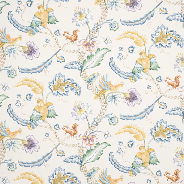 Large floral and bird print in soft blue, ochre, green and lilac on cream