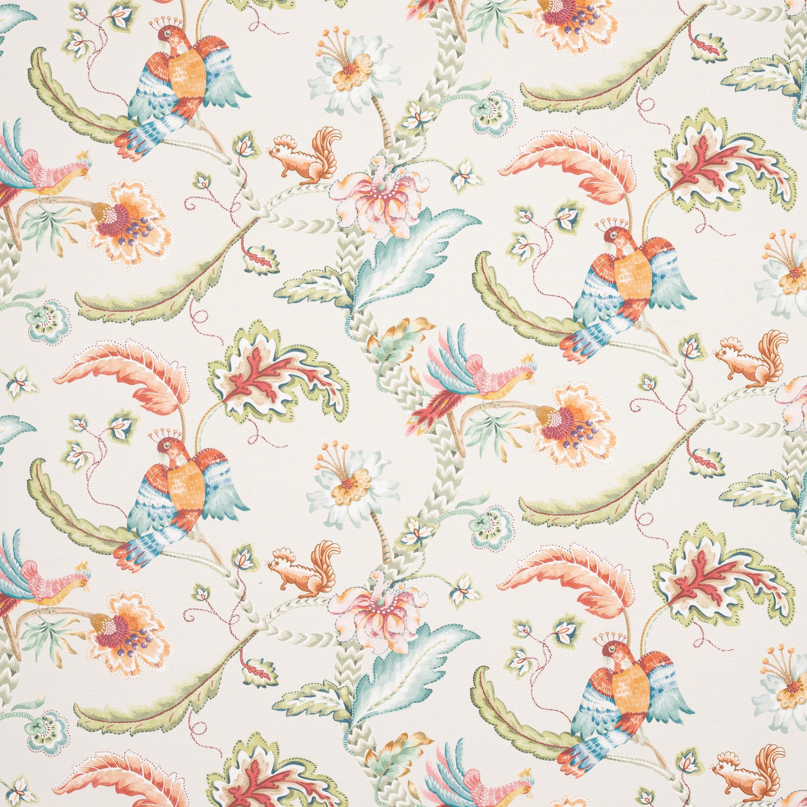 Ivory floral fabric with birds, scrolling leaves and red-green accents