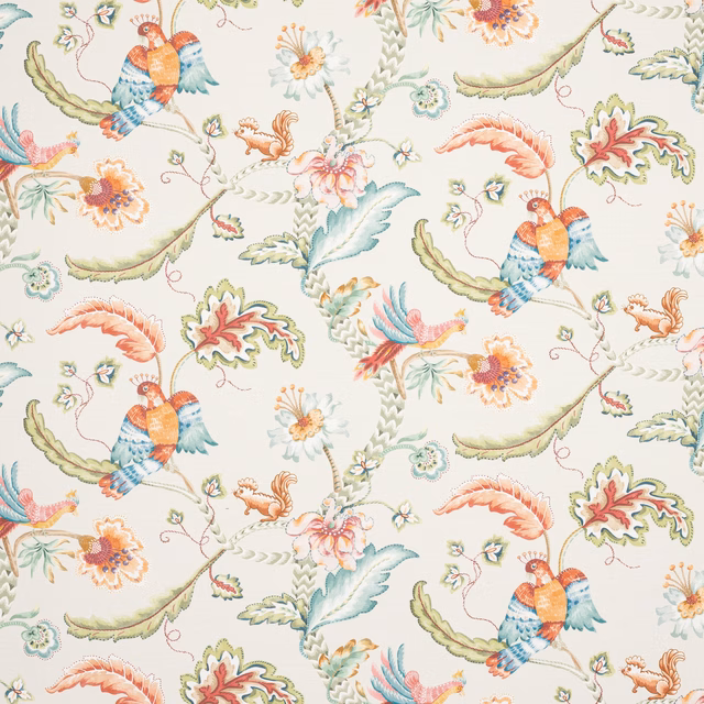 Ivory floral fabric with birds, scrolling leaves and red-green accents