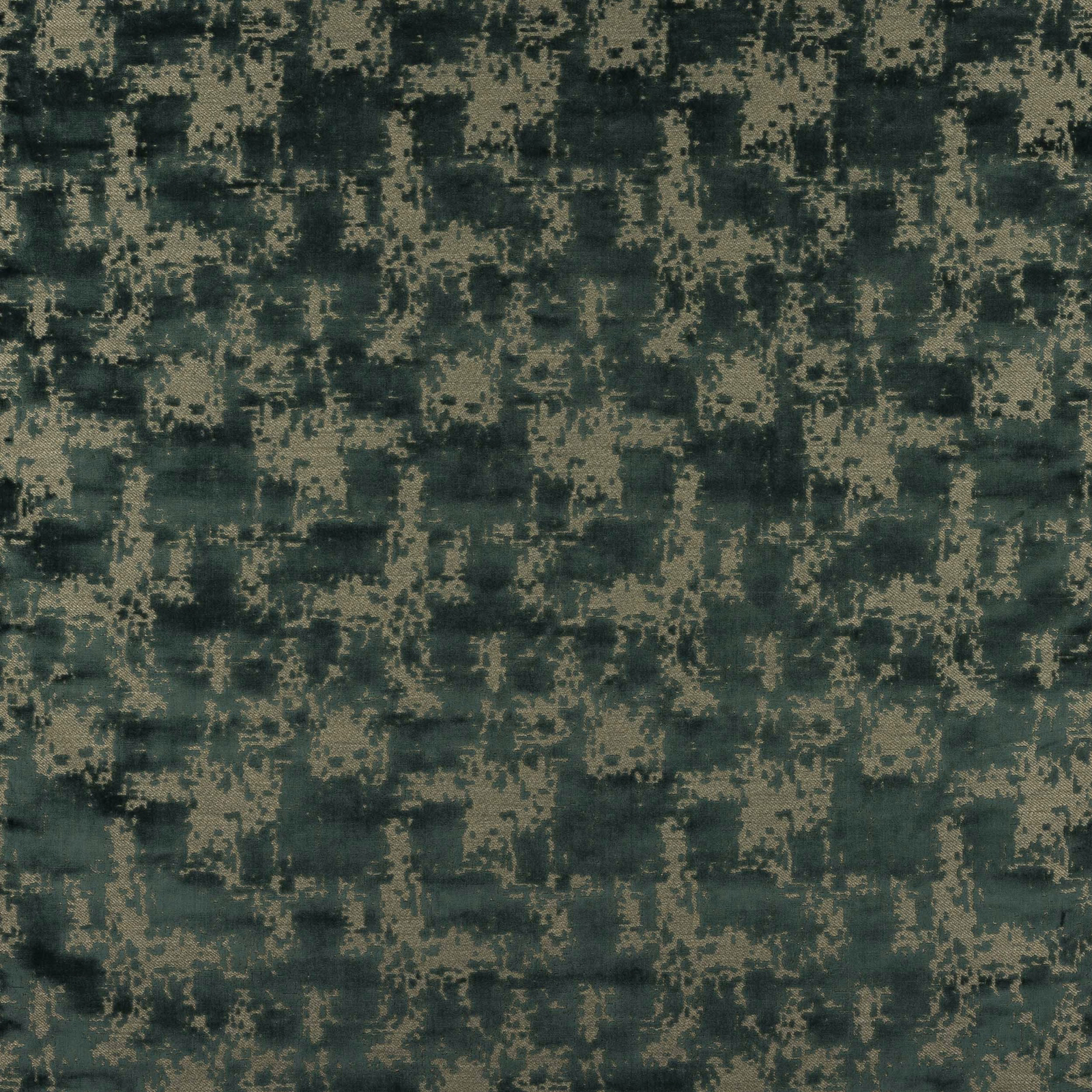 Deep forest green woven fabric with mottled khaki pixel pattern