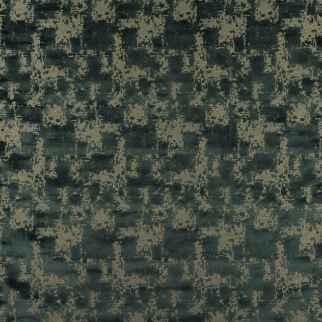 Deep forest green woven fabric with mottled khaki pixel pattern