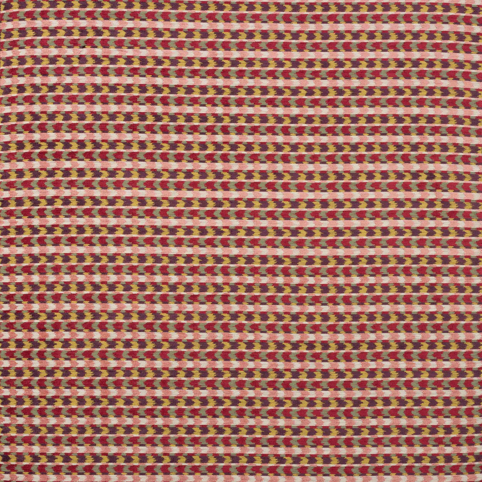 Close-up of a small-scale woven fabric with berry, olive, blush and cream stripes