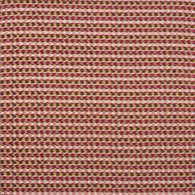 Close-up of a small-scale woven fabric with berry, olive, blush and cream stripes