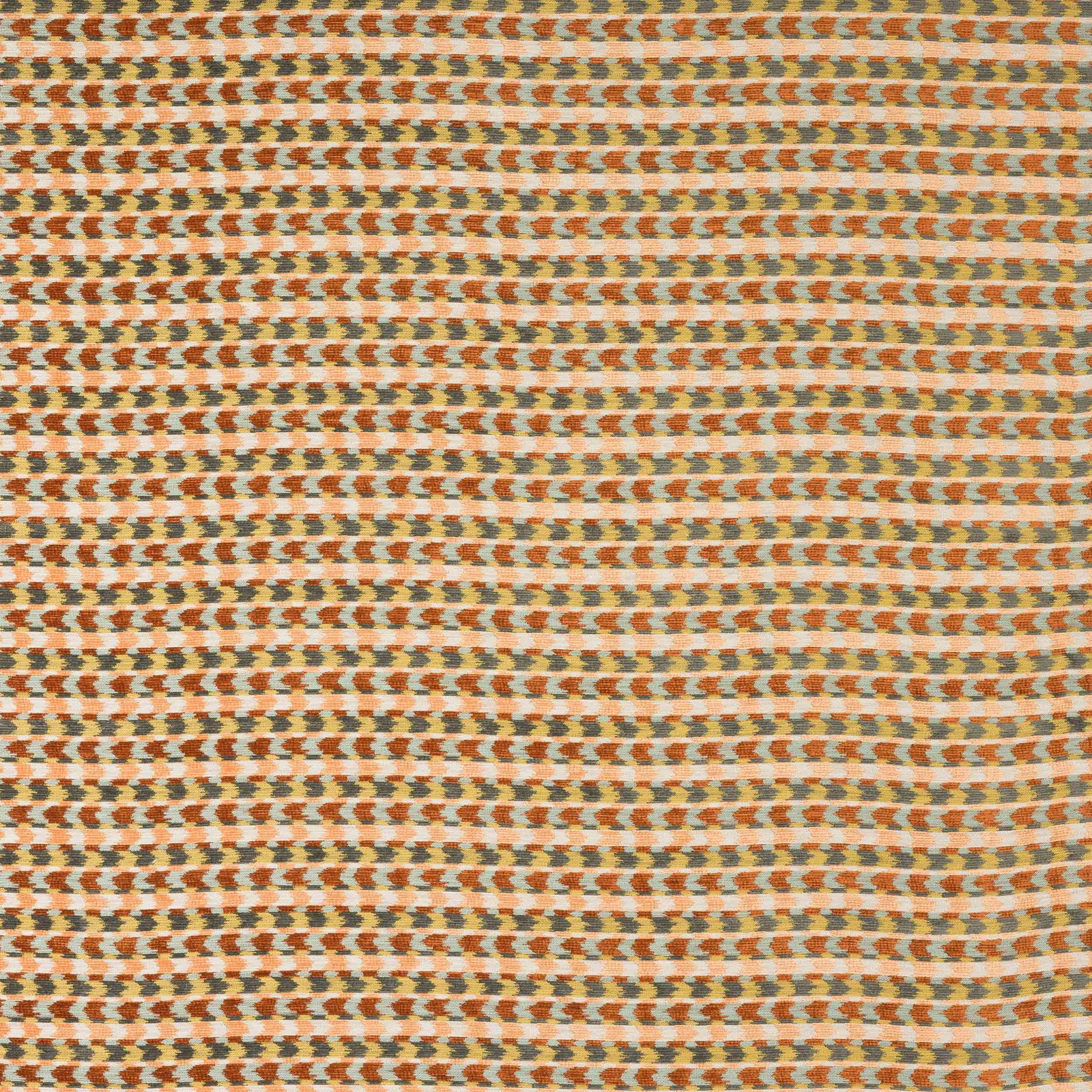Close-up of a paprika, coral and sage small-scale woven stripe fabric