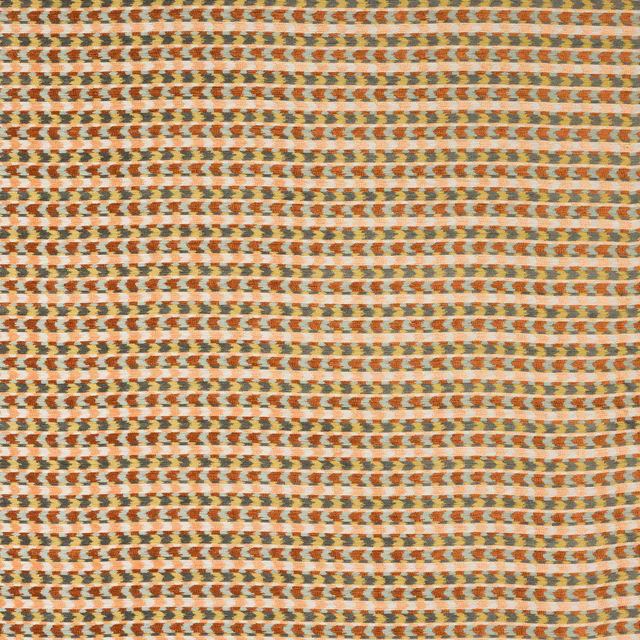 Close-up of a paprika, coral and sage small-scale woven stripe fabric