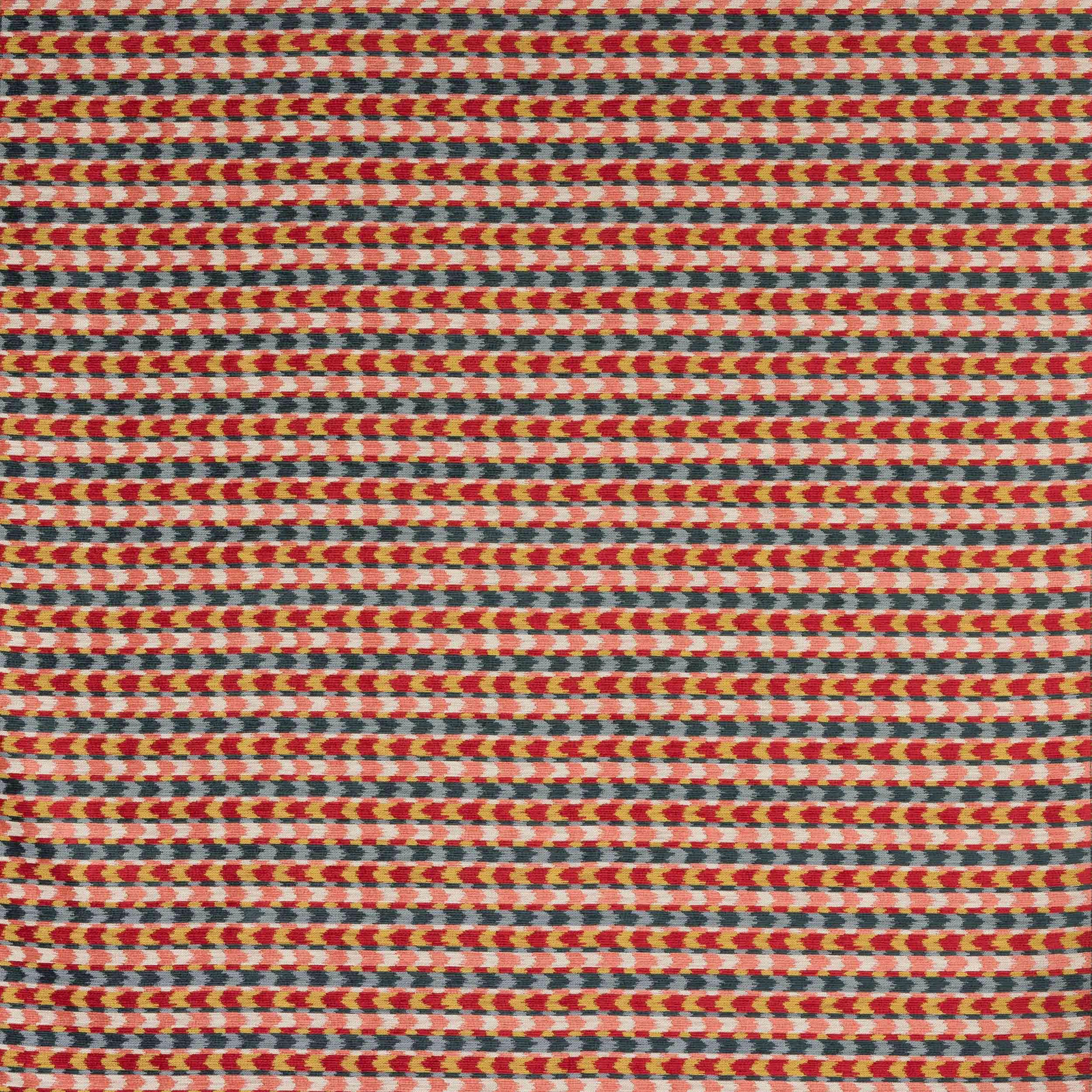 Close-up of a small horizontal striped fabric in red, coral, cream, teal and yellow