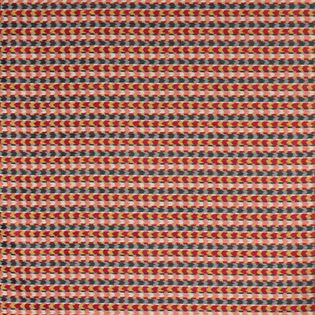 Close-up of a small horizontal striped fabric in red, coral, cream, teal and yellow