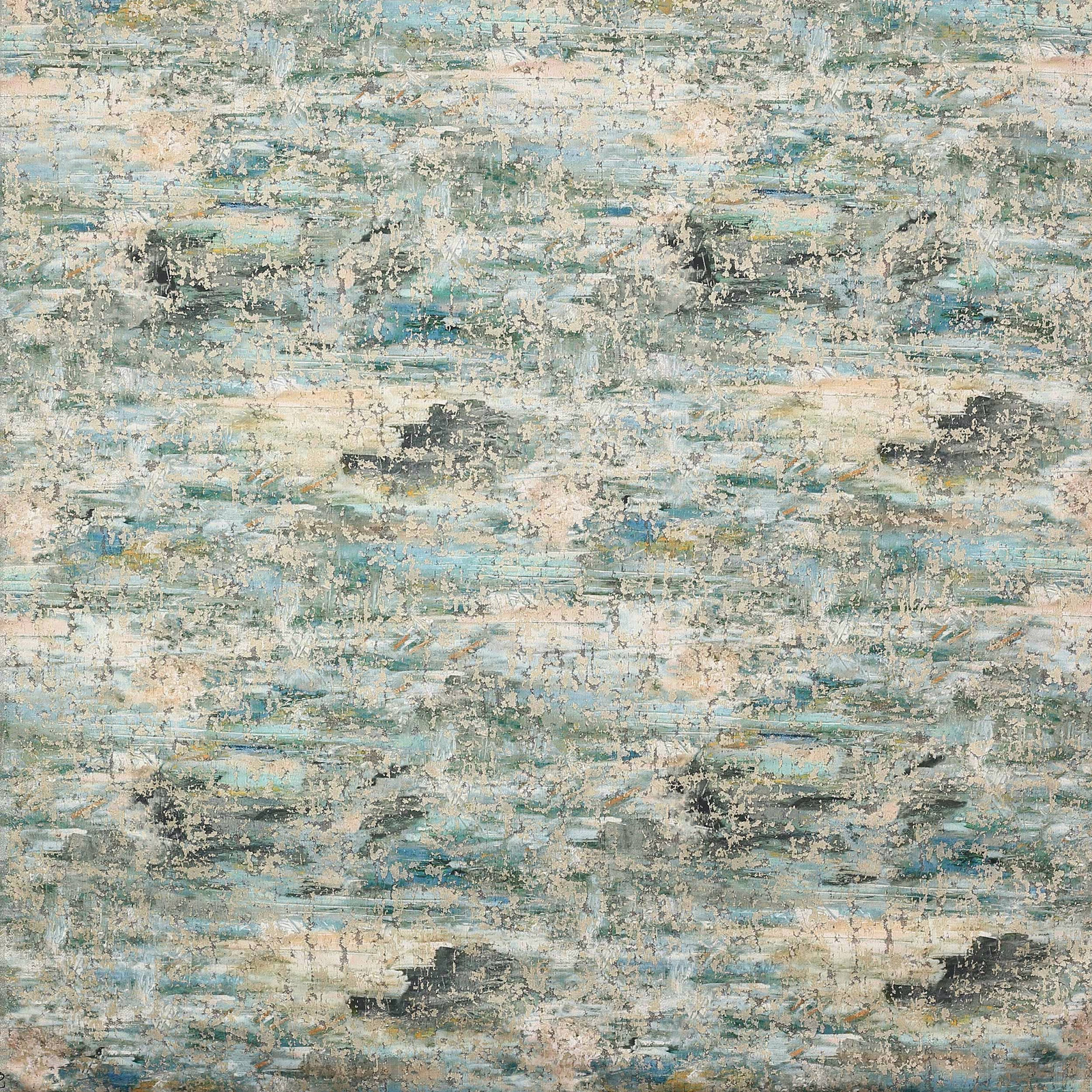 Abstract aqua and cream fabric with weathered grey painterly texture