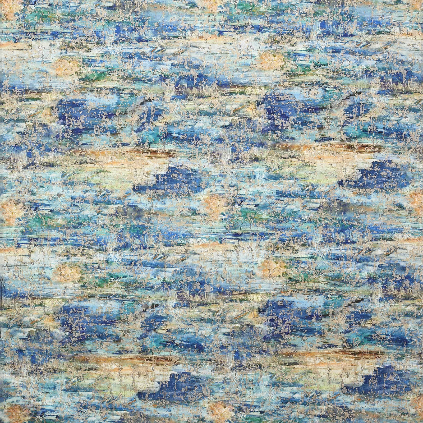 Abstract blue, cream and copper woven fabric with painterly texture